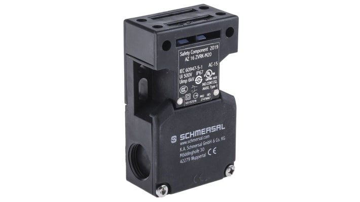 Interruttore di interblocco di sicurezza Schmersal AZ16ZVRK-M20, 1NC/1NA, IP67, dimensioni 90mm x 52mm x 30mm, per applicazioni industriali.