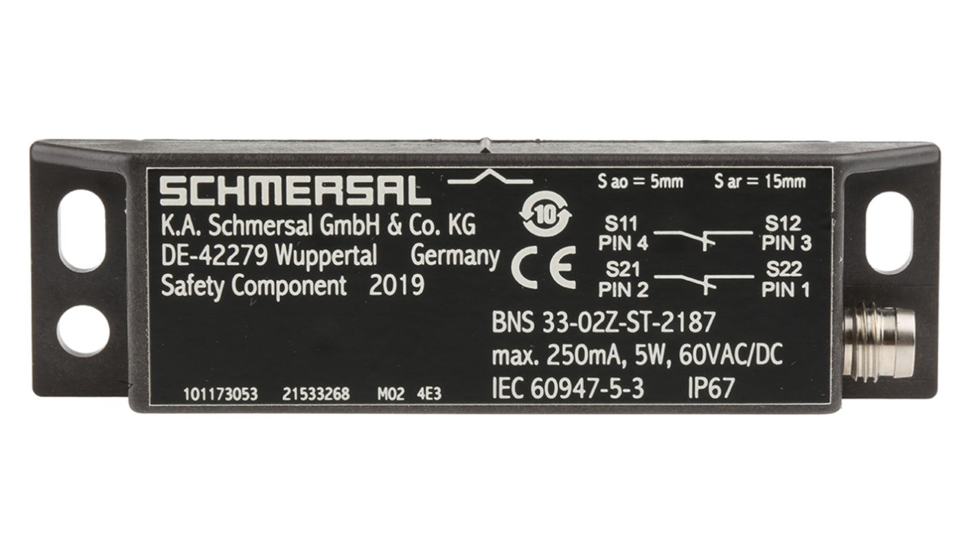 Interruttore di sicurezza M8 Schmersal BNS 33-02Z-ST-2187, grado di protezione IP67, dimensioni 88mm x 25mm x 13mm.