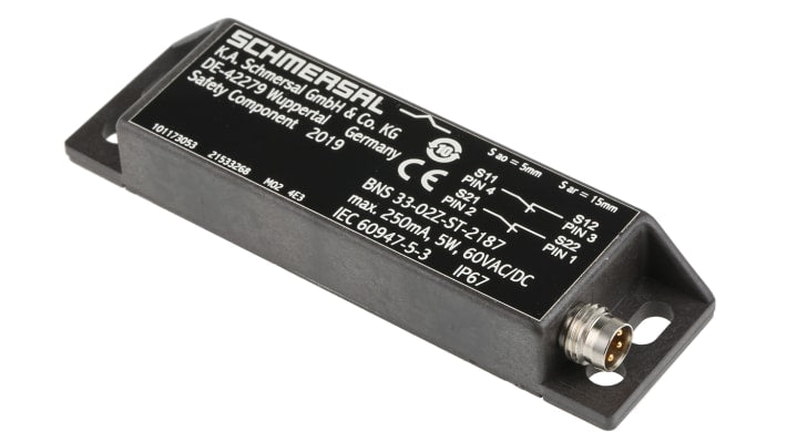Interruttore di sicurezza M8 Schmersal BNS 33-02Z-ST-2187, grado di protezione IP67, dimensioni 88mm x 25mm x 13mm.