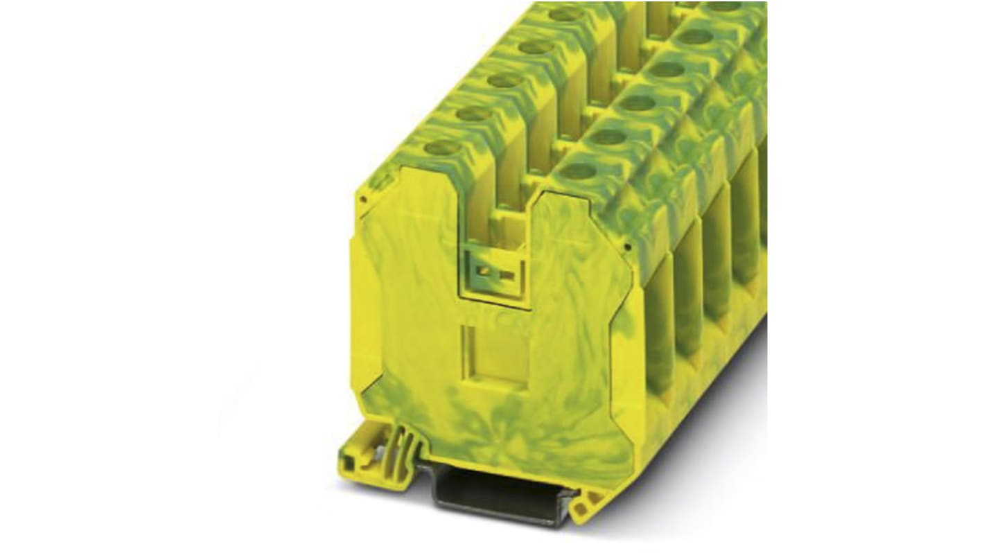 Morsettiera di terra Phoenix Contact verde/giallo, 125A, codice 3044241. Leghe di rame resistenti, collegamenti multi-conduttori, Principio Reakdyn, compatibile con CLIPLINE.