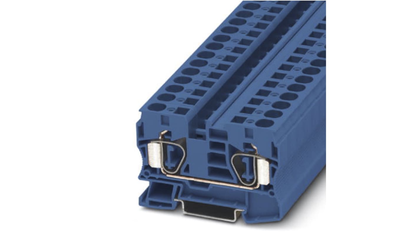 Morsettiera passante Phoenix Contact 3036123, Blu, 57A, guida DIN, fusibili piatti, collegamenti a gabbia a molla per applicazioni ferroviarie e industriali.