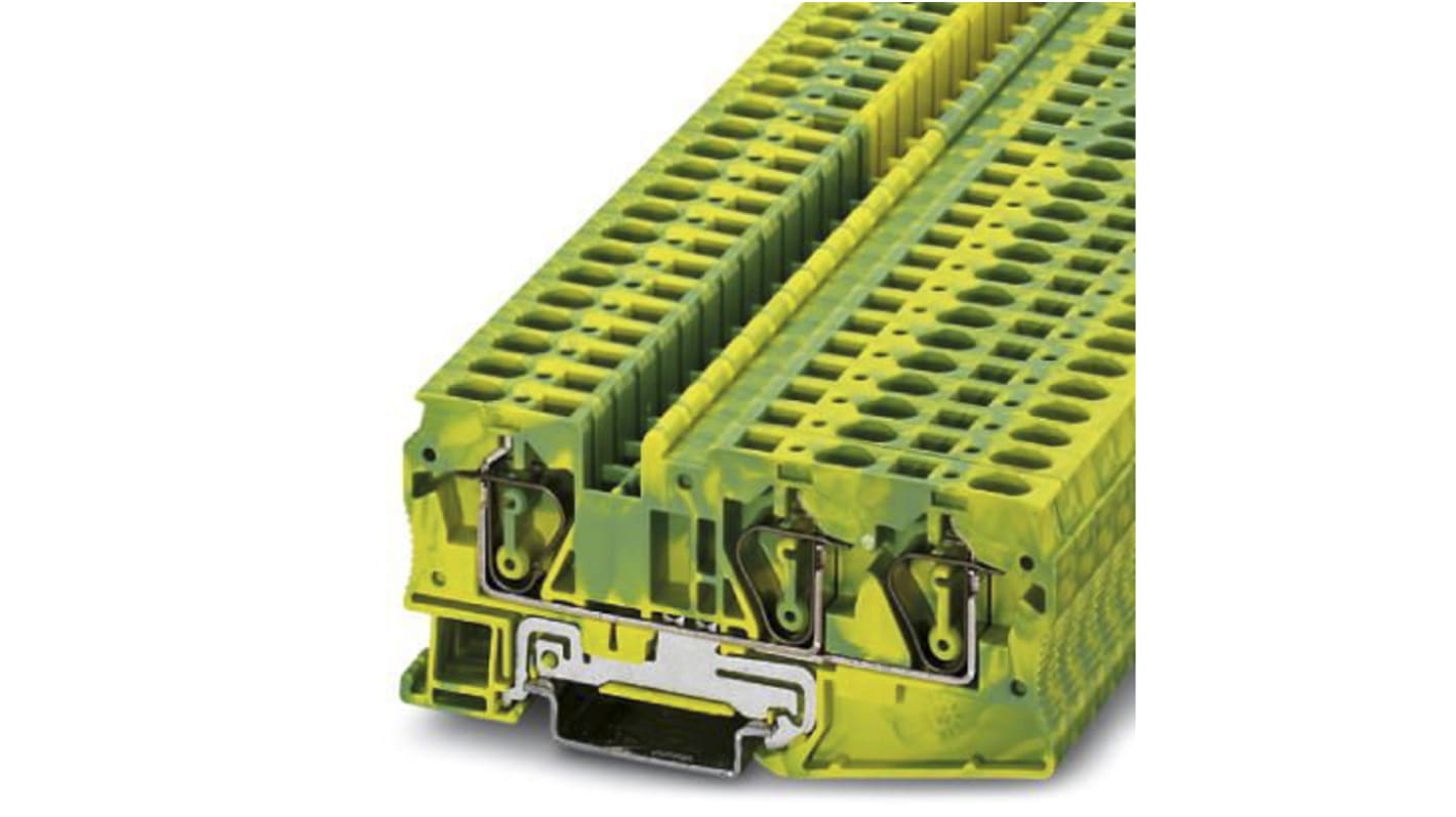 Morsettiera di terra Phoenix Contact ST 1.5-TWIN, verde/giallo, 3036482. Terminali passanti a molla per guida DIN, tensione 500V, corrente 17,5A. Compatibile con ambienti esplosivi.