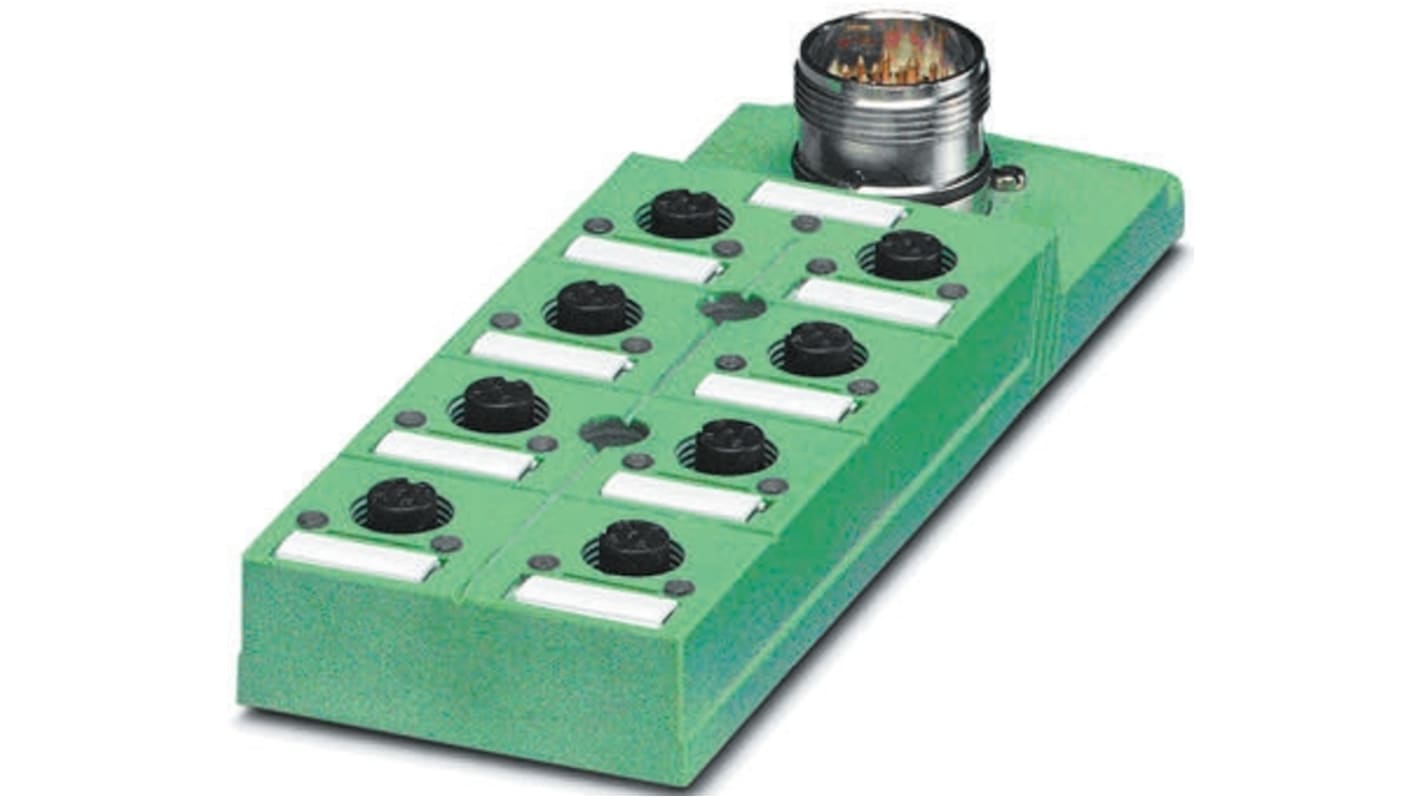 Phoenix Contact 1692459, scatola sensore 8 porte M12, con LED integrato e terminali a molla, montaggio verticale o orizzontale.