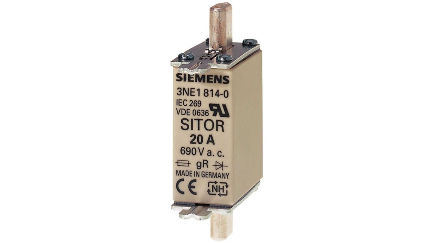 Fusibile industriale elettronico Siemens 3NE1815-0, classe gS, contatti a lama per basi NH, protezione semiconduttori e cavi. Conforme a IEC 60269-2, ideale per sovraccarichi e cortocircuiti.
