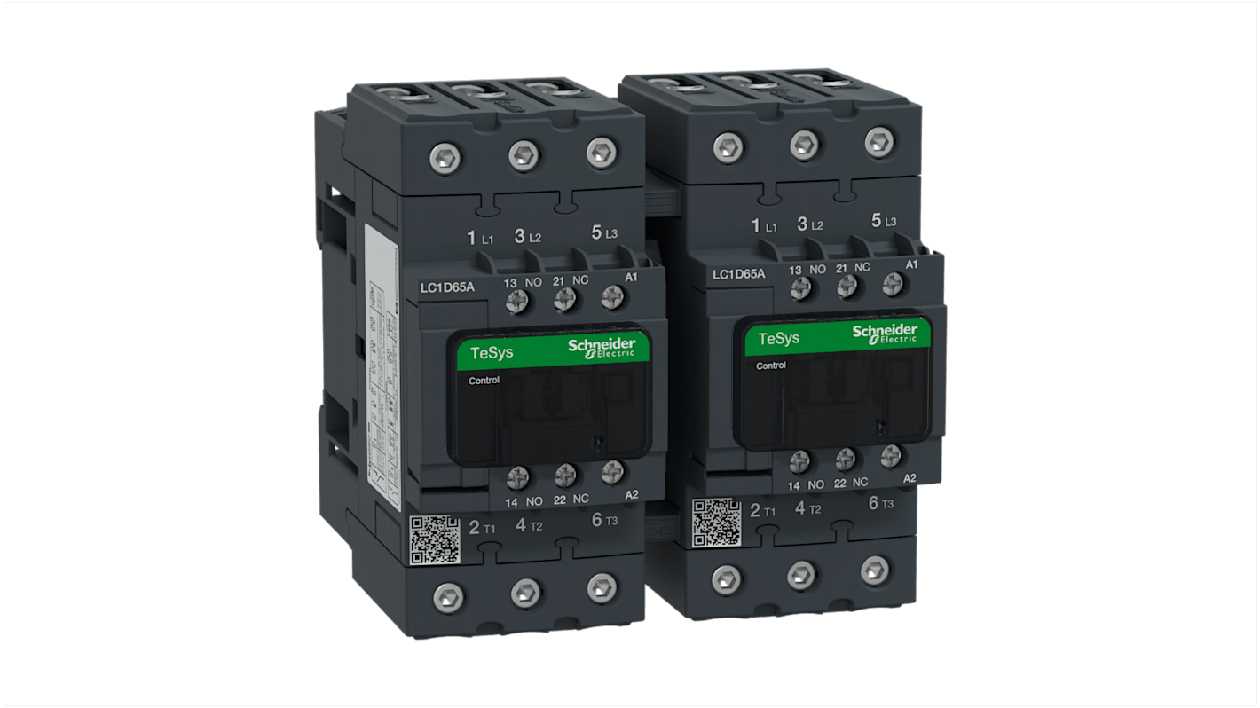 Contattore Schneider Electric LC2D65AP7, 3 poli, 65 A, 230 V c.a., 2 contatti ausiliari, dimensioni 165x132x142 mm.