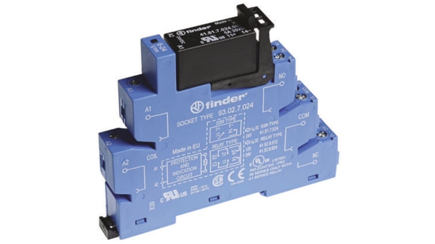 Finder 38.31.7.024.8240, relè d'interfaccia per guida DIN, bobina 24V cc, contatti SPST, dimensioni 89,7 x 14 x 77,1 mm.