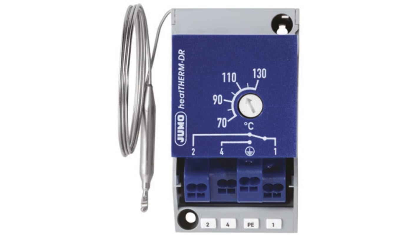 Termostato capillare Jumo per monitoraggio temperatura, portata 16A, montaggio superficiale, lunghezza capillare 2000 mm.