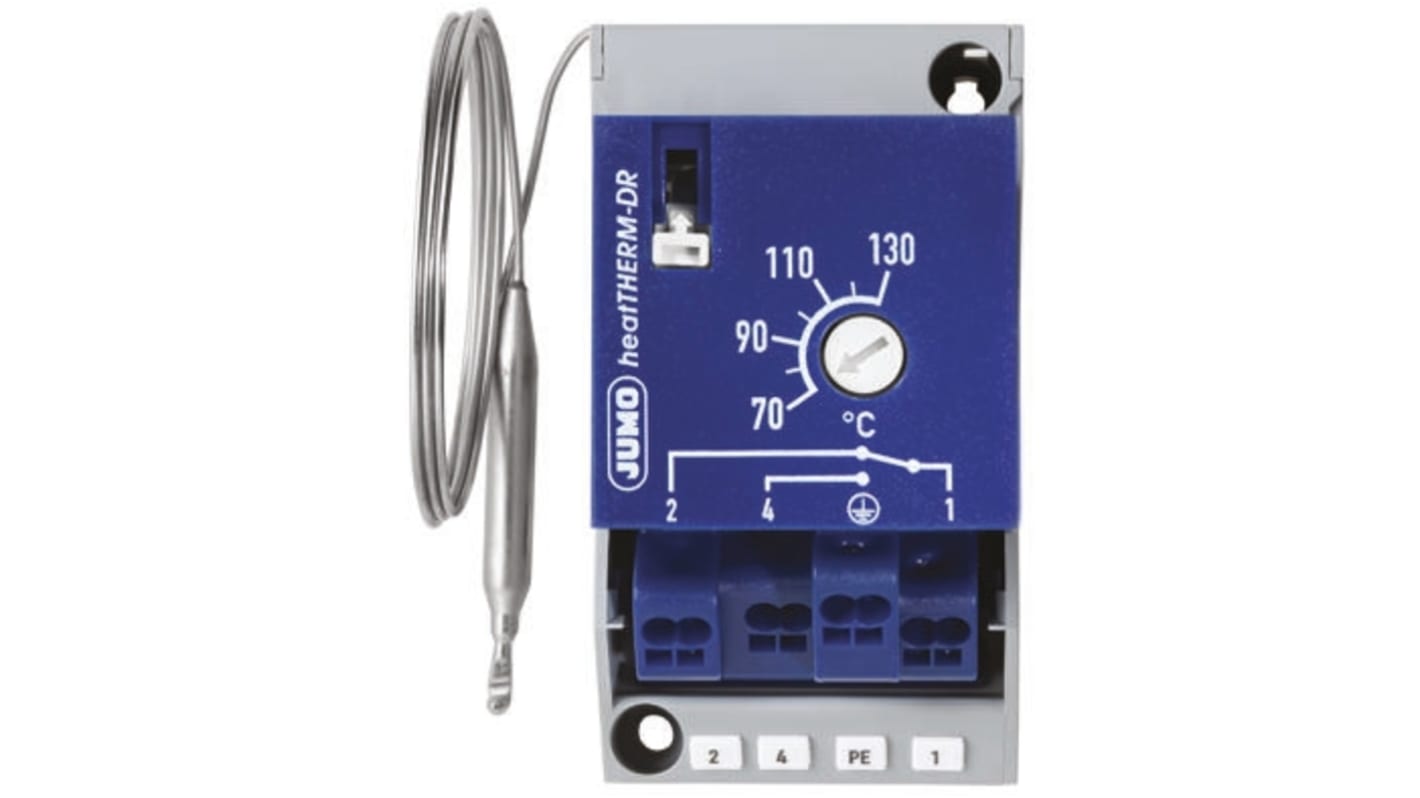 Termostato capillare Jumo, limitatore di temperatura 70-130°C, montaggio superficiale, contatto 16A, grado di protezione IP20.