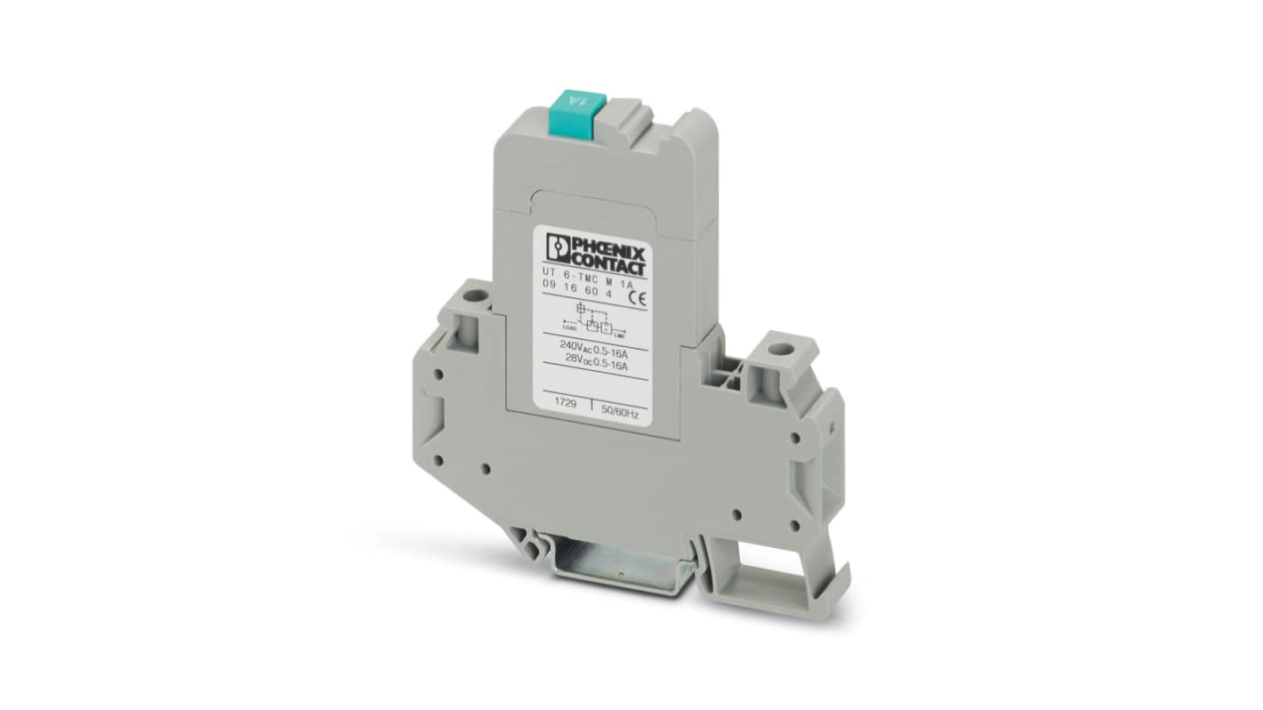 Interruttore termico Phoenix Contact 0916604, 1 polo, 1A, 250V, montaggio su guida DIN, dimensioni 85.5 x 12.3 x 82.7 mm.