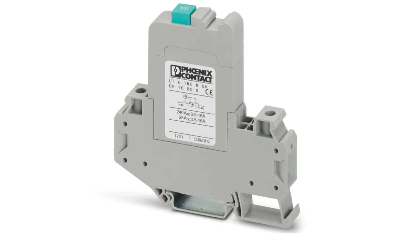 Interruttore termico Phoenix Contact UT 6-TMC, 1 polo, 6A, 250V, montaggio su guida DIN, dimensioni 85,5 x 12,3 x 82,7 mm.