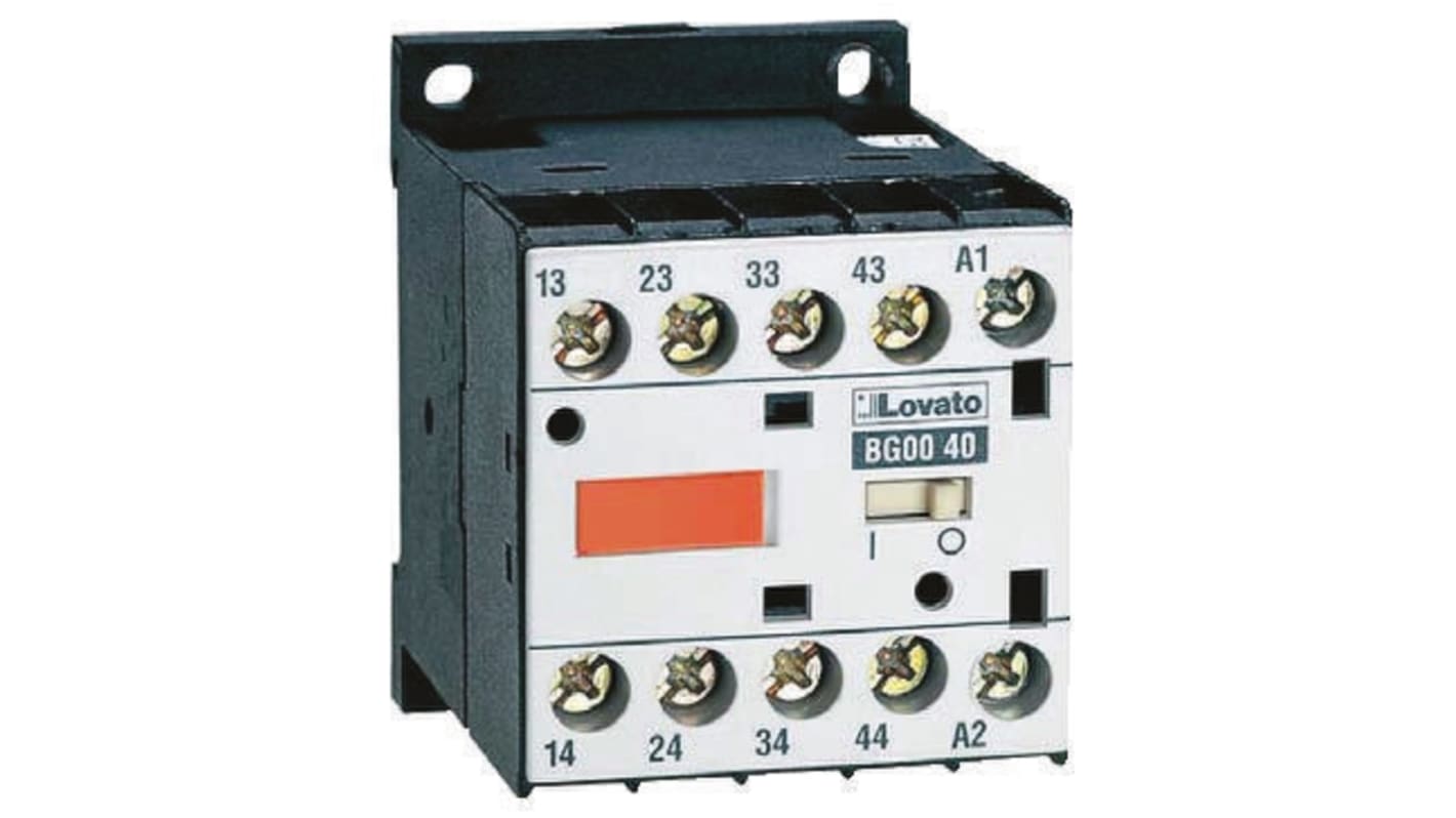 Relè contattore Lovato 11BG0031A110, 4 poli (3NO + 1NC), 10 A, 110 V c.a., montaggio su guida DIN, dimensioni 58x44x57 mm.