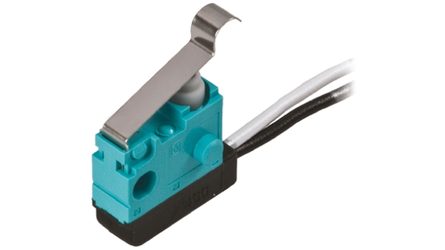 Microinterruttore SPST pre-cablato Panasonic ASQ10238, grado di protezione IP67, attuatore a leva, corrente 100 mA.