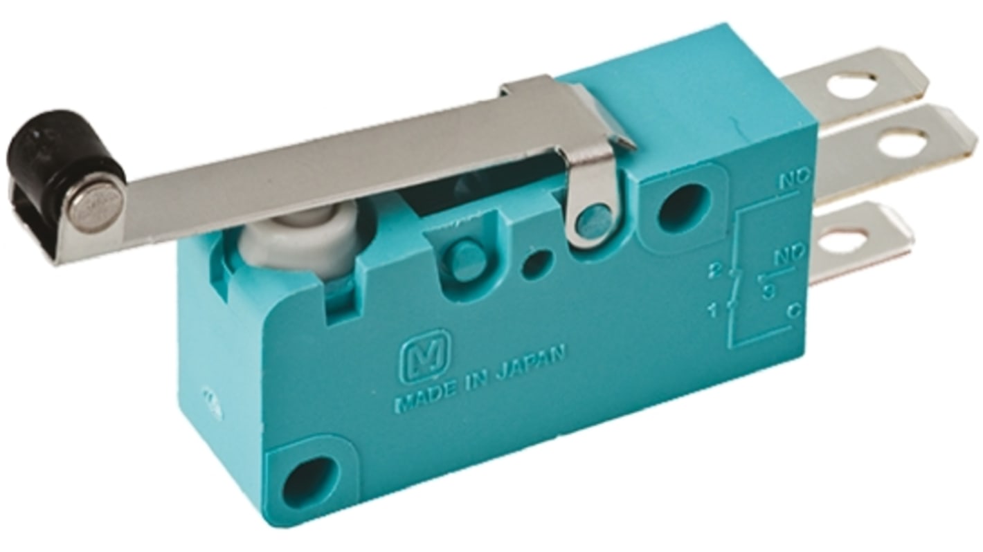 Microinterruttore Panasonic ABV121651 SP-CO, attuatore a rullo, corrente 3 A a 250 V, protezione IP50, durata 5 milioni di cicli.