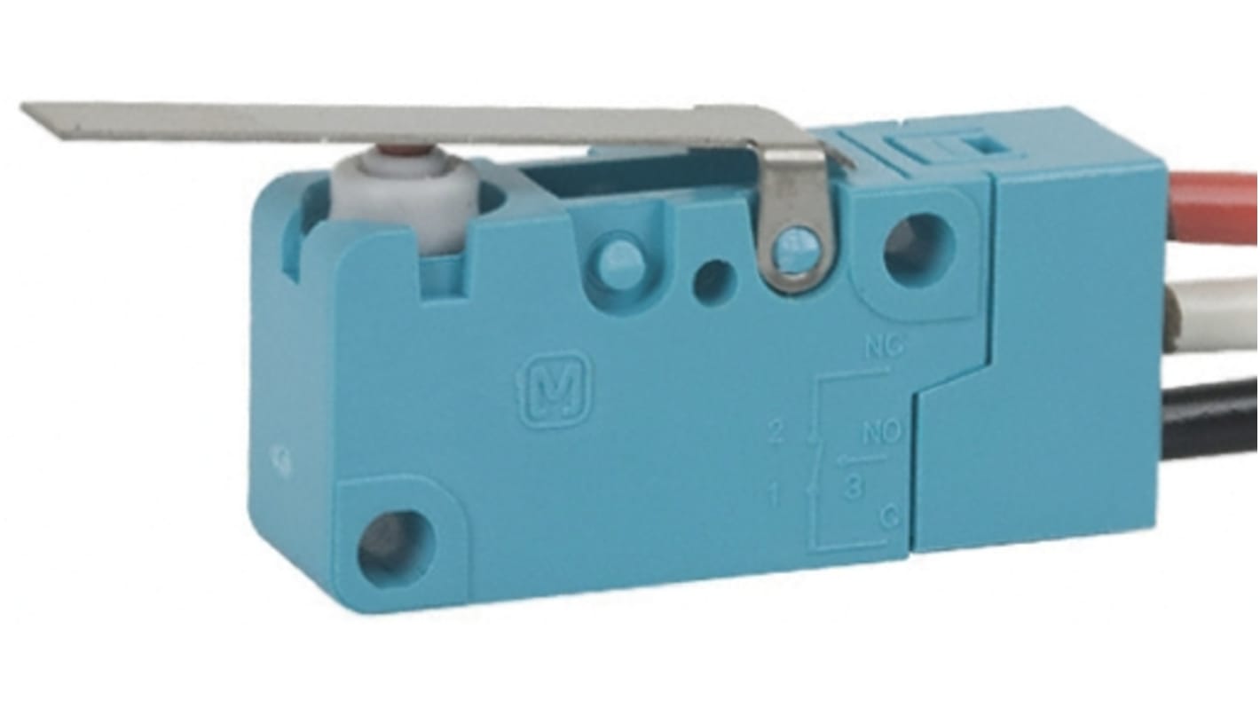 Microinterruttore Panasonic ABV161250 SP-CO pre-cablato, IP67, per applicazioni in elettrodomestici e automotive.