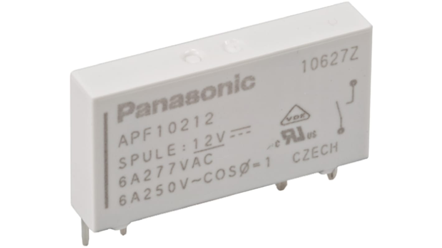 Relè di potenza Panasonic APF10212 SPST, 12V cc, montaggio su PCB, dimensioni 28x15x5 mm, corrente 6 A, isolamento 4 kV.