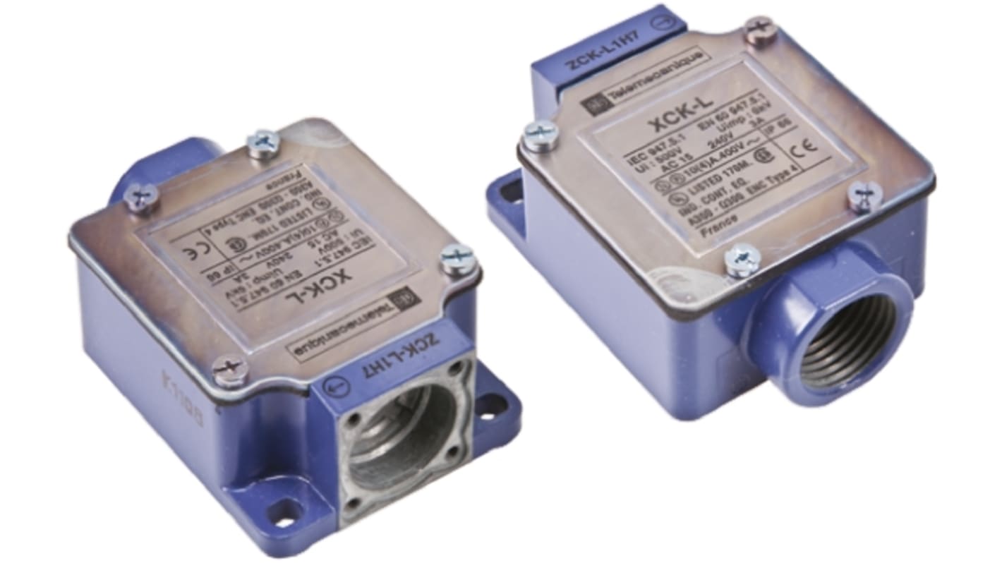 Interruttore di fine corsa Telemecanique Sensors ZCKL1H7, contatti NO/NC, corpo metallico, IP65, dimensioni 73x30x30mm.