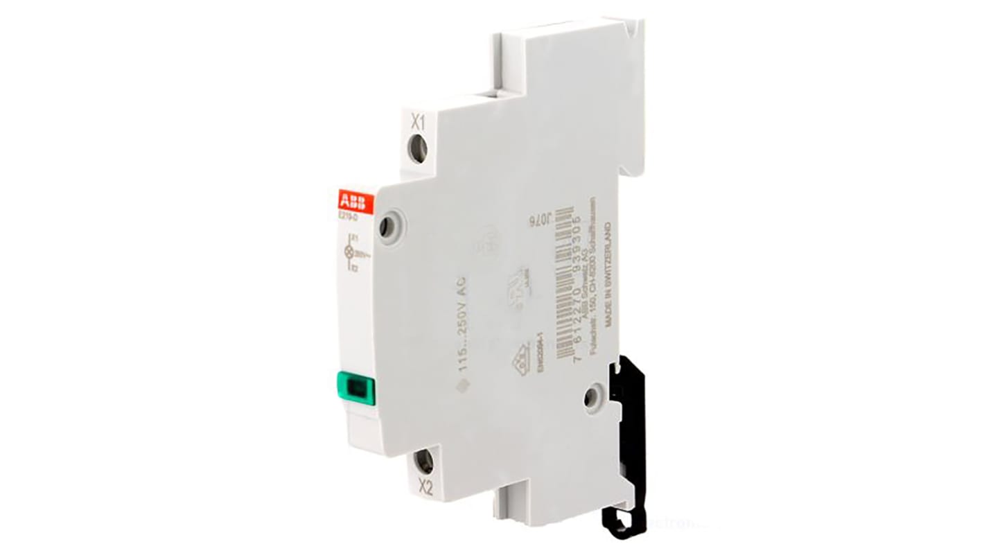 Indicatore LED ABB E219-D, tensione 250V, luce verde, compatibile con contattori superiori a ESB20. Codice 2CCA703402R0001.