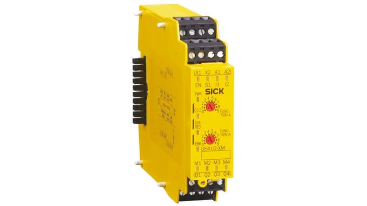 Modulo I/O Sick UE410-XM3 per applicazioni di sicurezza, montaggio su guida DIN, dimensioni 96,5 x 22,5 x 120,8 mm.