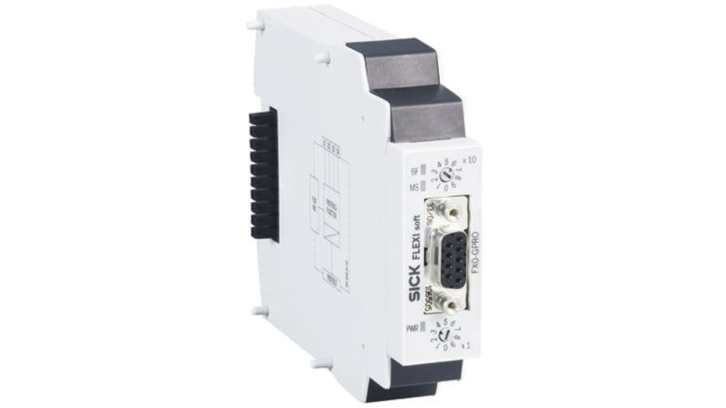 Gateway Sick FX0-GPRO00000 Flexi Soft per Profibus-DP, montaggio su guida DIN, dimensioni 96,5 x 22,5 x 126,5 mm.