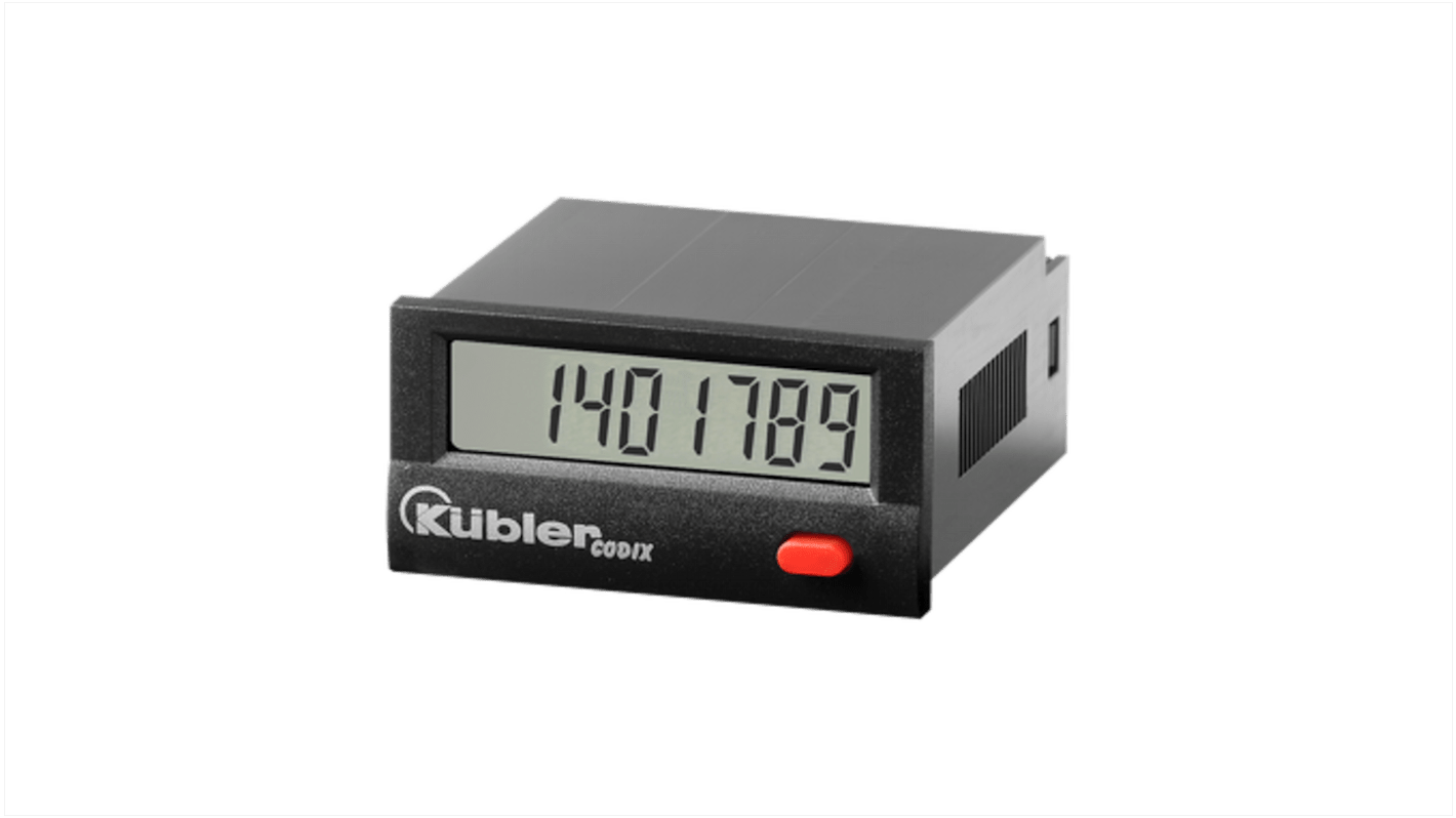 Contatore Kübler 6.140.012.300 con display LCD 7 cifre, montaggio a pannello, alimentazione 10-30 V c.c., IP65. Dimensioni 48x24 mm.