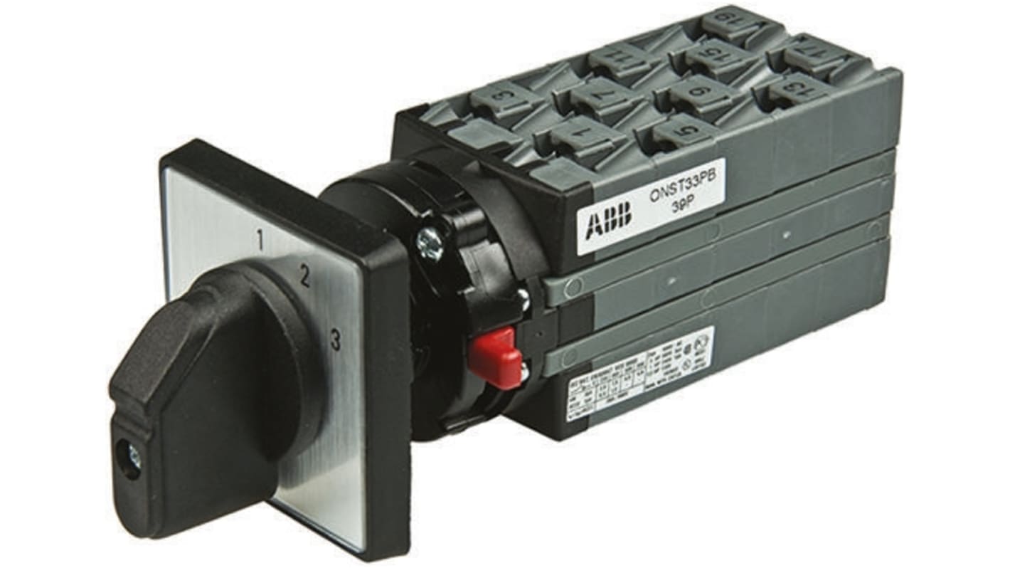 Interruttore a camma ABB 3 poli, 3 posizioni, 25A, IP65, dimensioni 91 x 28 x 51.5 mm, progettato per carichi resistivi.