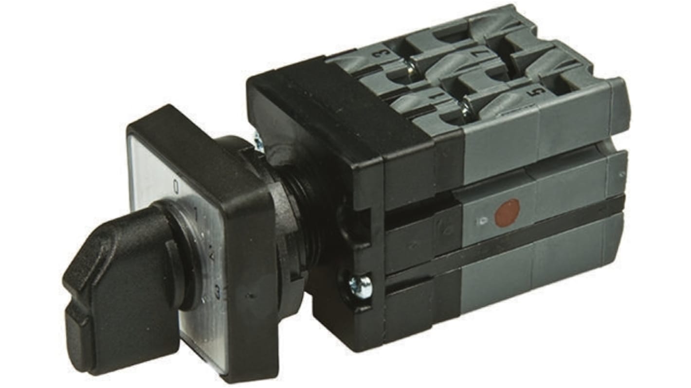 Interruttore Cam bipolare ABB 1SCA022533R1420, 3 posizioni, 10 A, 300 V, dimensioni 91 x 28 x 51,5 mm.