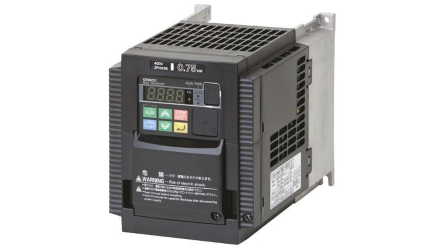 Inverter trifase Omron 3G3MX2-A4055-EV2, potenza 5,5 kW, 400 V, con pannello di controllo e comunicazione Profibus. Dimensioni 140x260x155 mm.