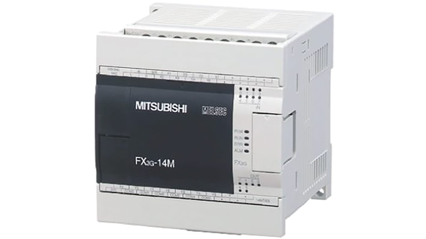 Modulo logico Mitsubishi Electric FX3G-14MR/ES per guida DIN, 8 ingressi, 6 uscite relè, dimensioni 90 x 90 x 86 mm.