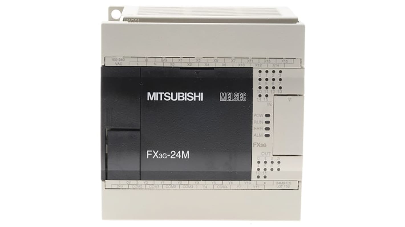 Modulo logico Mitsubishi Electric FX3G-24MT/DSS, 14 ingressi, 10 uscite, montaggio su guida DIN, dimensioni 90 x 90 x 86 mm.