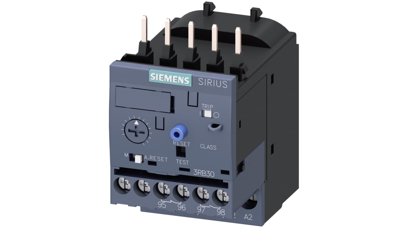 Relè di sovraccarico a stato solido Siemens 3RB3016-1NB0, 1 NO + 1 NC, corrente nominale 1,25 A, montaggio diretto, dimensioni 45x72,5x64,7 mm.