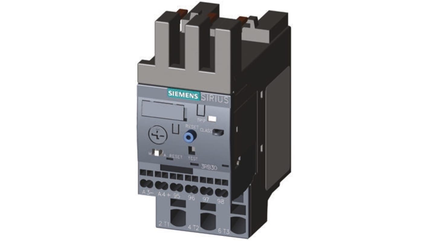 Relè di sovraccarico a stato solido Siemens 3RB3026-1QE0, 1 NO + 1 NC, carico 6-25 A, montaggio diretto, dimensioni 45x84.5x87.3 mm.