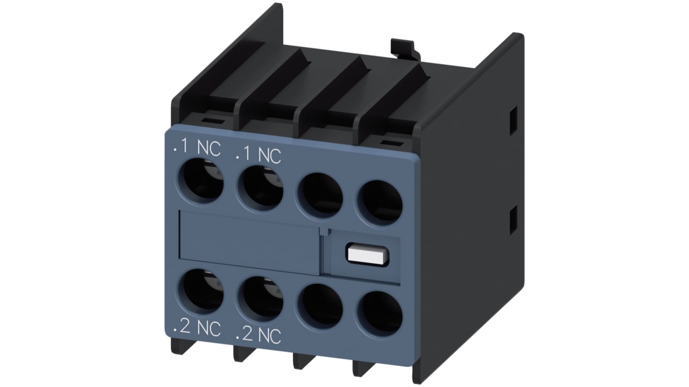 Contatto ausiliario Siemens 3RH2911-1HA02, 2 N/C, montaggio a innesto, corrente 6 A c.c., 10 A c.a., compatibile con contattori Siemens.