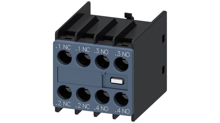 Contatto ausiliario Siemens 3RH2911-1HA22, 4 contatti (2NC + 2NO), montaggio a innesto. Ideale per potenziare sistemi elettrici industriali.