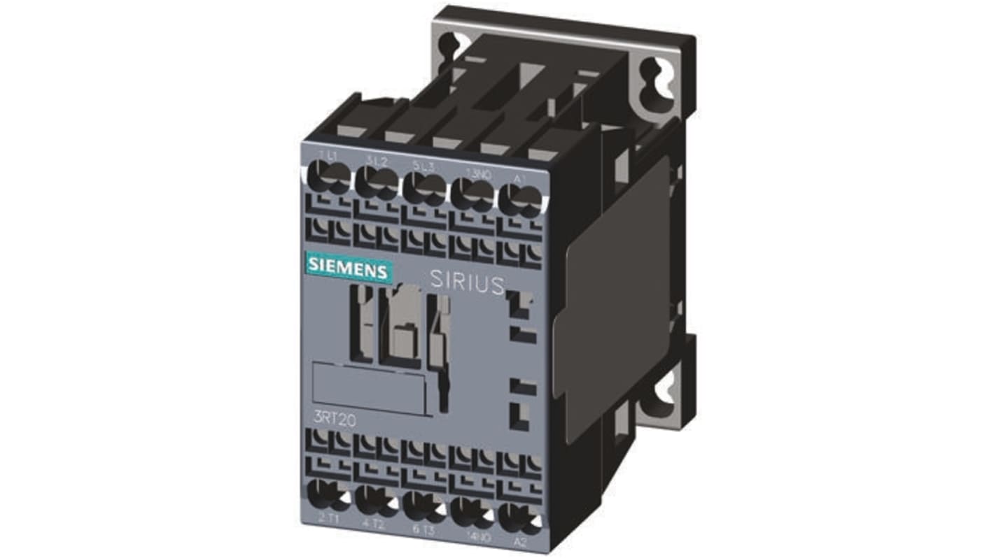 Contattore Siemens 3RT2017-2AF01, 3 poli, 12 A, bobina 110 V c.a., dimensioni 45x70x73 mm, temperatura operativa -25/+60 °C.