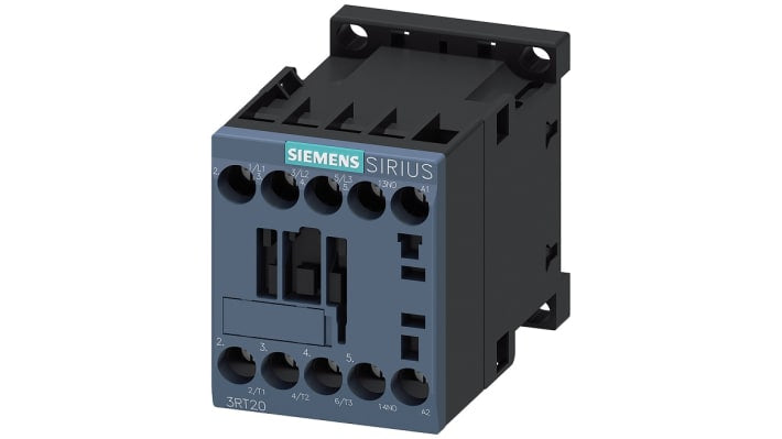 Contattore tripolare Siemens 3RT2017-1AB01, 5,5 kW, 12 A - Serie 3RT2. Ideale per motori industriali, resistente e sicuro.