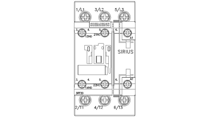 Contattore Siemens 3RT2028-1AB00, 3 poli, 38 A, bobina 24 V c.a., dimensioni 45x85x97 mm, montaggio a vite.