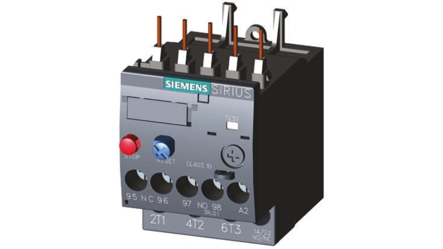 Relè di sovraccarico Siemens 3RU2116-0KB0, 1 NO + 1 NC, corrente 1,25 A, montaggio su guida DIN, dimensioni 87x45x73 mm.