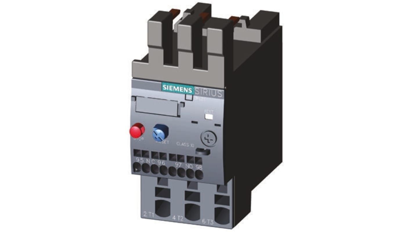 Relè di sovraccarico Siemens 3RU2126-1HC0, 1 NO + 1 NC, carico 5,5-8 A, montaggio su guida DIN, dimensioni 87x45x73 mm.