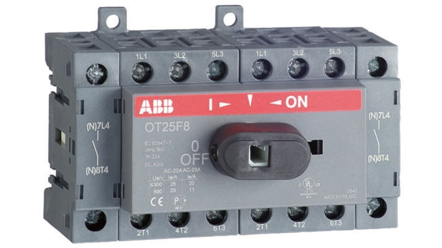 Interruttore di isolamento ABB OT16F8, 8 poli, 16 A, 400 V, montaggio su porta, dimensioni 96x68x68 mm, protezione IP20.