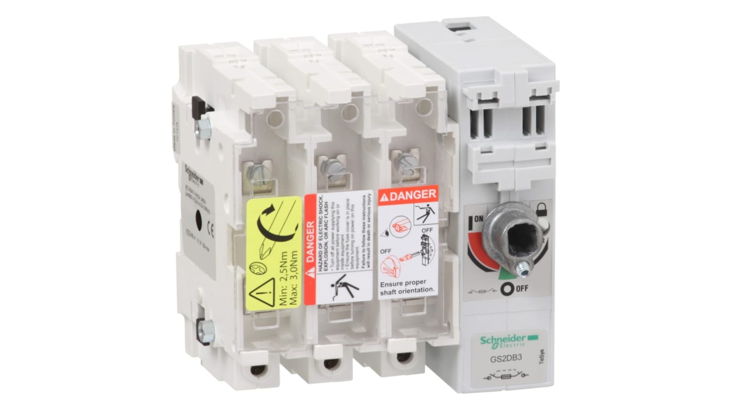 Sezionatore portafusibili Schneider Electric GS2GB4, 4 poli, 63A, protezione IP20, maniglie disponibili in nero o rosso.