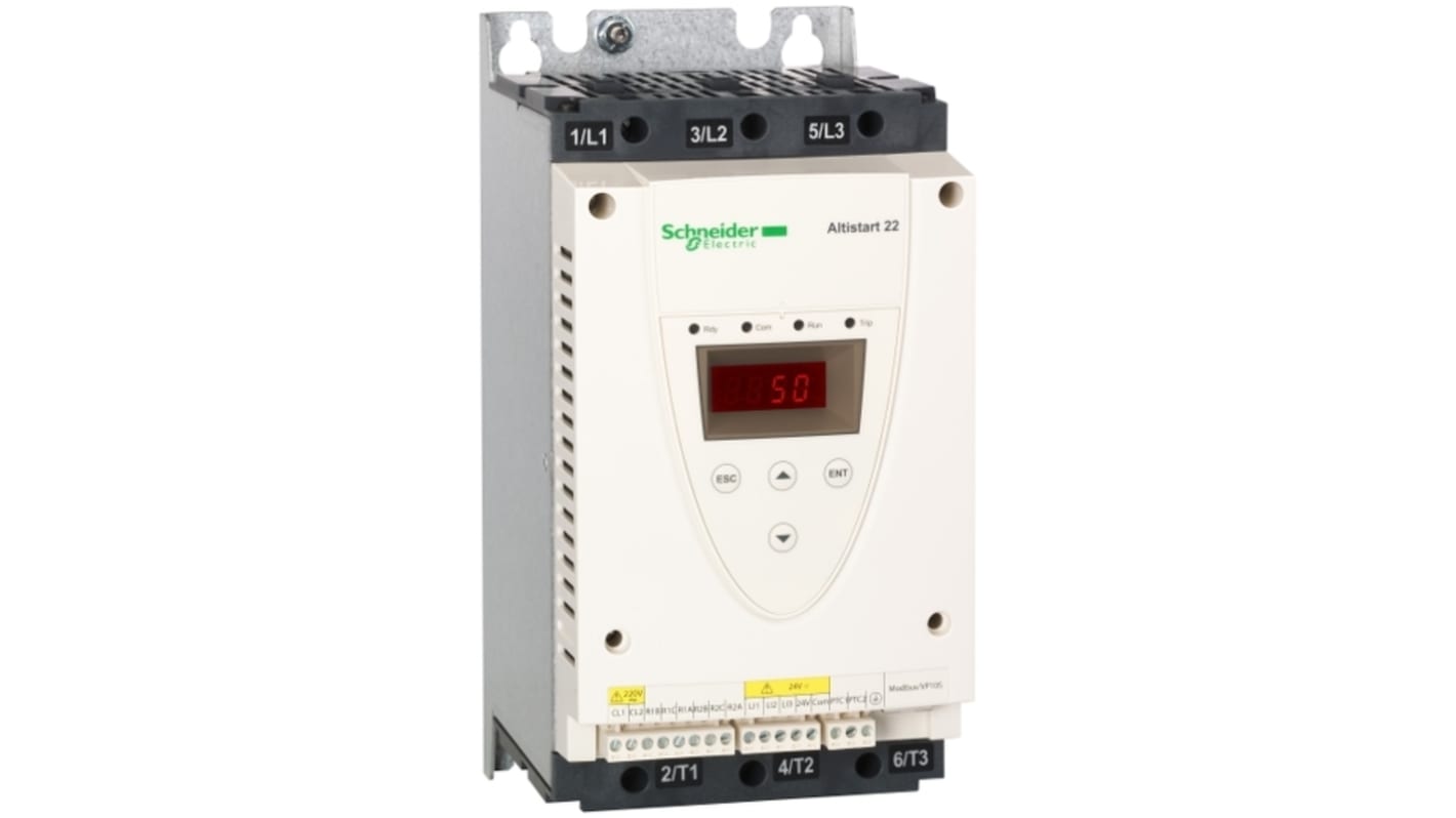Avviatore statico trifase Schneider Electric ATS22D32Q - 15 kW 440V CA IP20. Protezione termica, display LED, ideale per motori industriali.