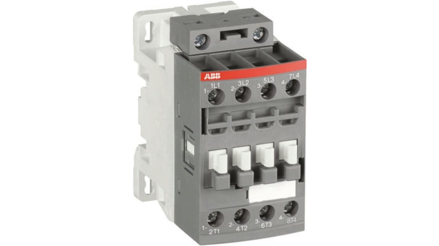 Contattore ABB 1SBL237501R1400, 4 poli, 45 A, bobina 250-500 V, dimensioni 86x45x101 mm, protezione transitori.