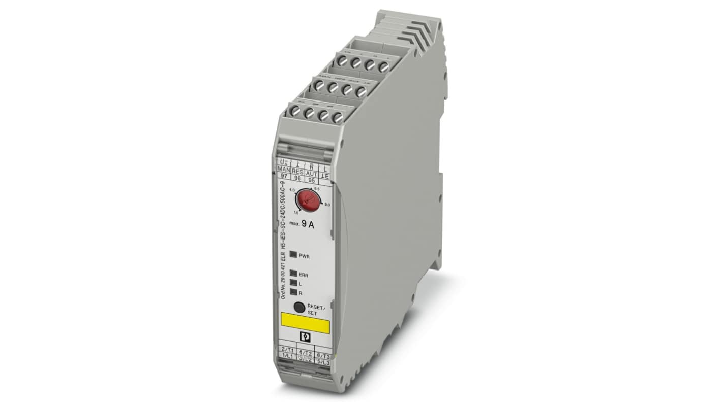 Starter per motore Phoenix Contact 2900421, montaggio su guida DIN, potenza 4 kW, dimensioni 106,6 x 22,5 x 113,7 mm.