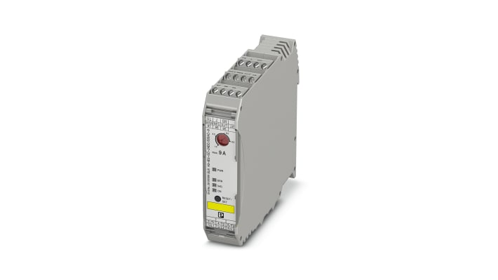 Starter per motore 3 fasi Phoenix Contact 2900569, potenza 4 kW, tensione 24 V c.c., montaggio su guida DIN, dimensioni 106.6 x 22.5 x 113.7 mm.