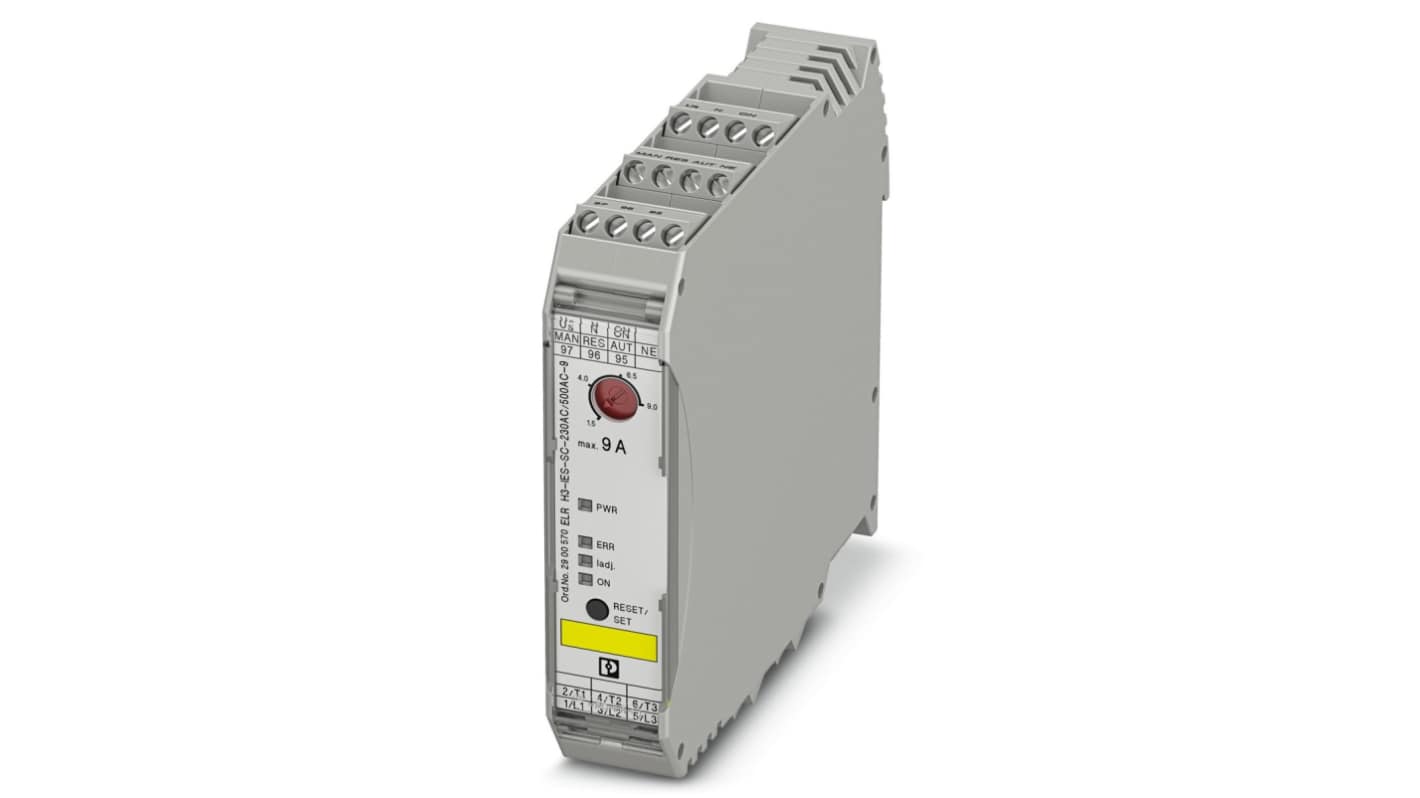 Starter Phoenix Contact 2900570 per motore ibrido, potenza 4 kW, montaggio su guida DIN, dimensioni 106.6 x 22.5 x 113.7 mm.