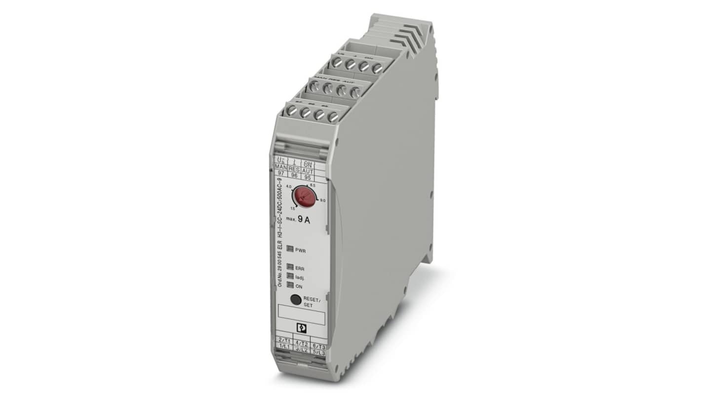 Starter per motore ibrido Phoenix Contact 2900545, potenza 1 kW, montaggio su guida DIN, dimensioni 106.6 x 22.5 x 113.7 mm.