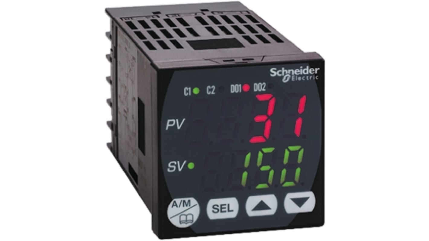 Schneider Electric REG48PUN2LJLU, termoregolatore PID 48x48 mm, tensione 24 V, uscite analogiche e SSR, IP66.