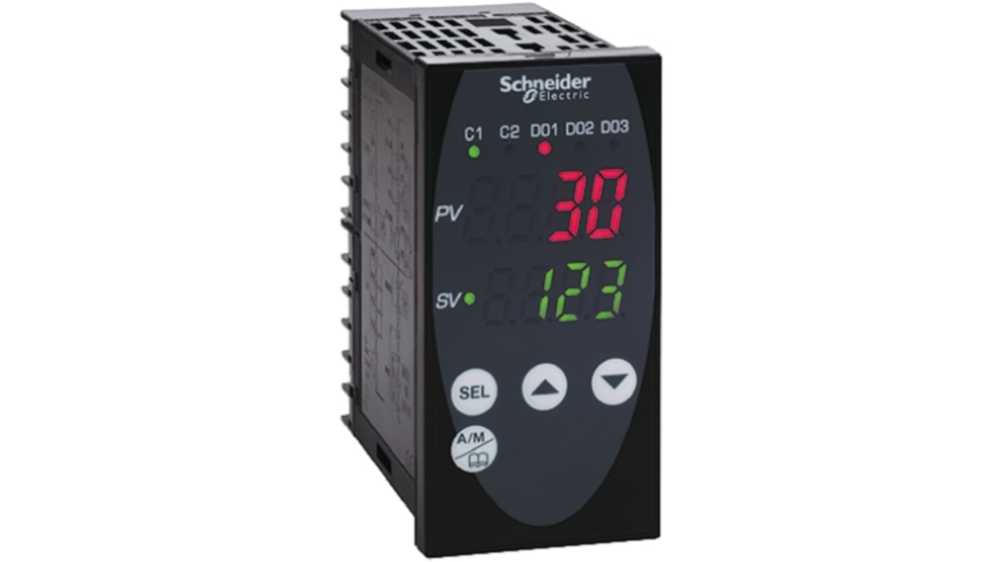 Termoregolatore PID Schneider Electric REG96PUN2RHU, dimensioni 96 x 48 mm, tensione 100-240 V, IP66, comunicazione Modbus.
