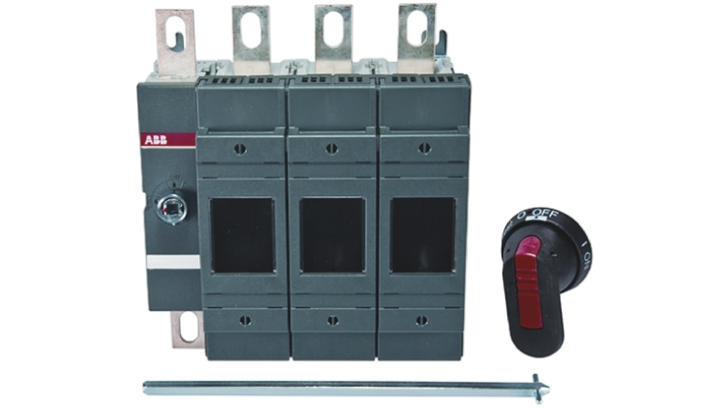 Sezionatore portafusibili ABB OS200B03N3P, 3 + N poli, corrente 200A, montaggio su guida DIN, grado di protezione IP20/IP65. Impugnatura ON/OFF in plastica nera.