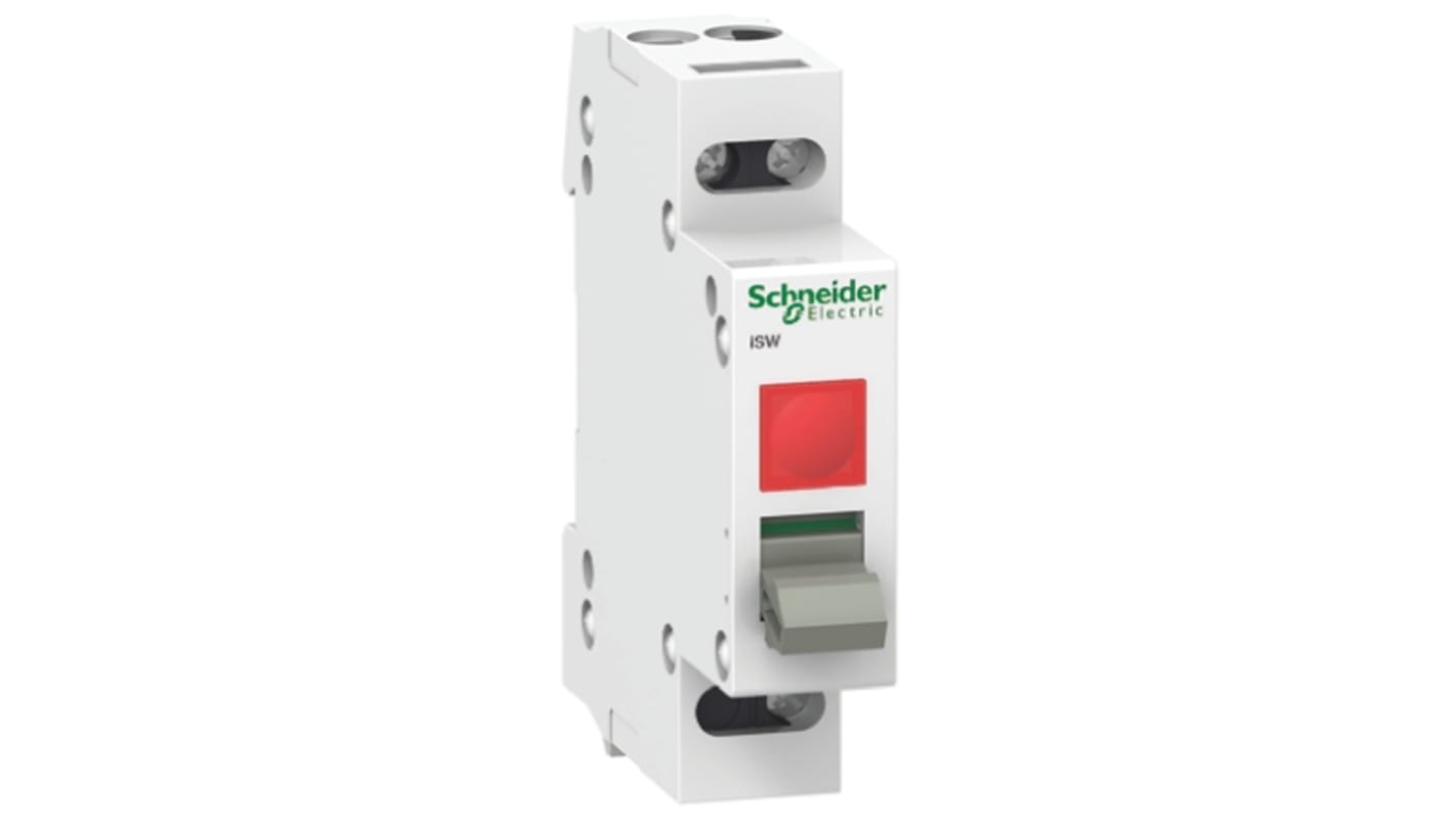Interruttore di isolamento Schneider Electric A9S61132, 1P, 32A, IP40, maniglia rotante, dimensioni 18mm x 77mm x 70mm.